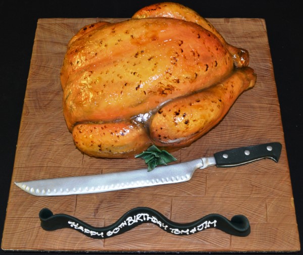 Bespoke roast chicken cake with detailed icing, perfect for celebration in Solihull, West Midlands.