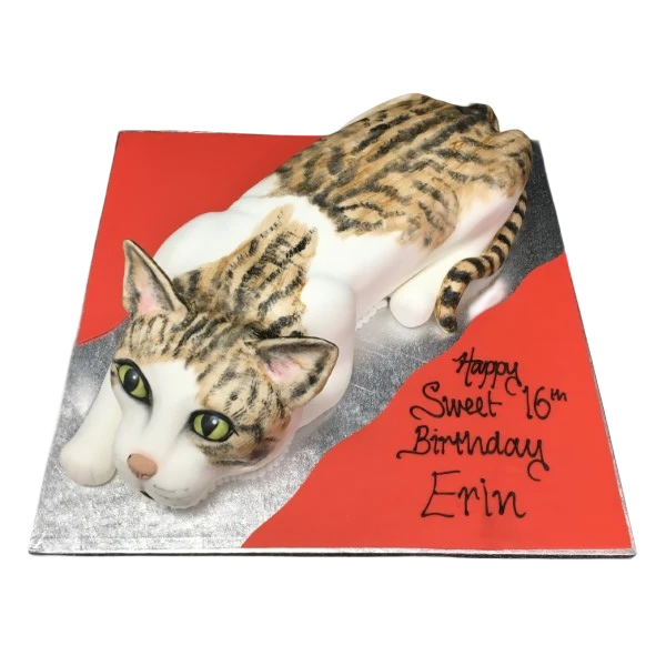 Bespoke cat-shaped cake with detailed fondant features, crafted for celebration in Solihull, West Midlands.