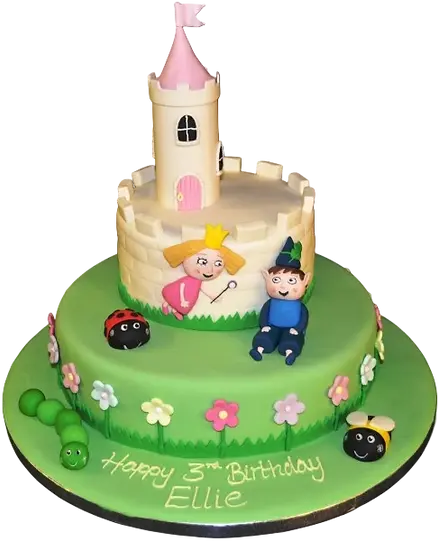 Bespoke Ben & Holly duo cake with colorful character toppers, crafted in Solihull, West Midlands for celebration.