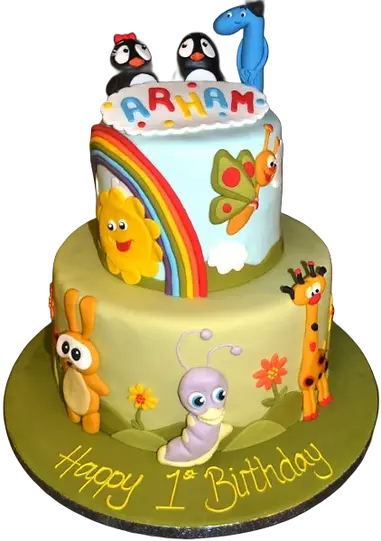 Bespoke baby TV duo cake with colorful animal toys decoration, crafted in Solihull, West Midlands for celebration.
