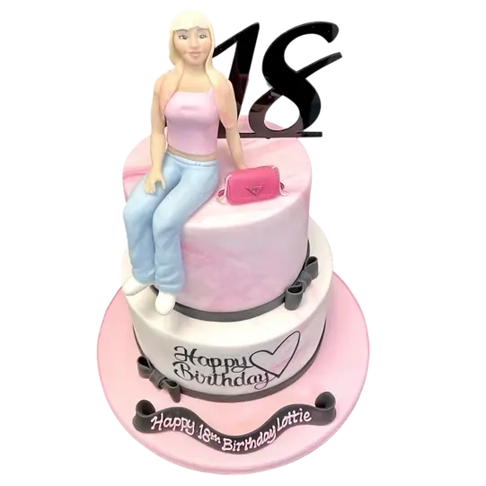 Bespoke cake featuring a lady in jeans and crop top design, crafted for celebration in Solihull, West Midlands.