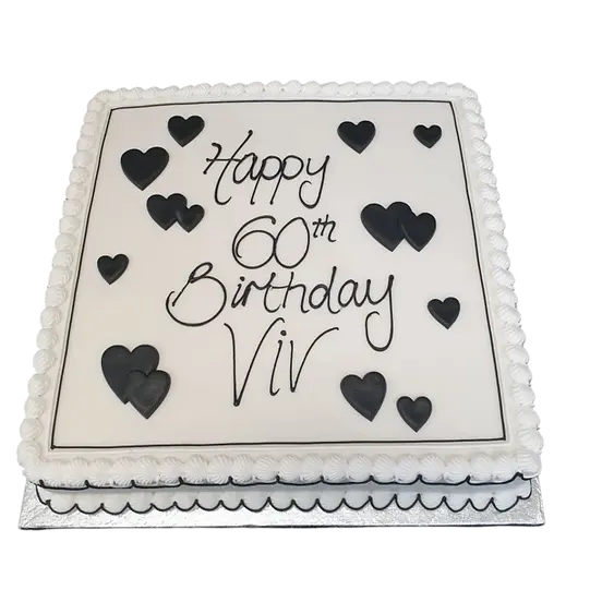 Square bespoke black heart cake with glossy finish and intricate piping, perfect for celebration in Solihull, West Midlands.