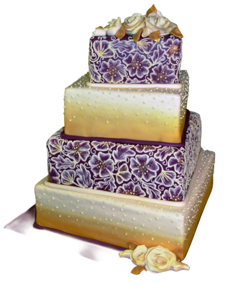Four-tier wedding cake with floral sugar paste, ombre colours, and sugar roses.