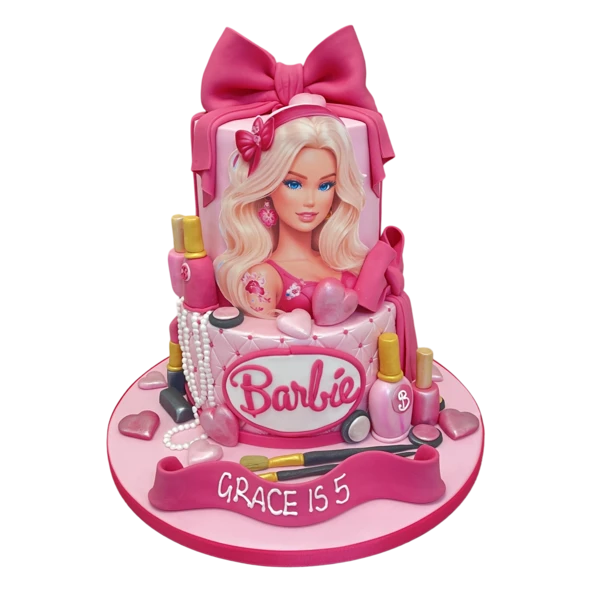 Bespoke Barbie and makeup-themed cake with vibrant pink and purple decorations, crafted in Solihull, West Midlands.