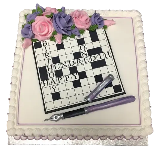Bespoke crossword-themed cake with edible letter tiles in Solihull, West Midlands celebration.