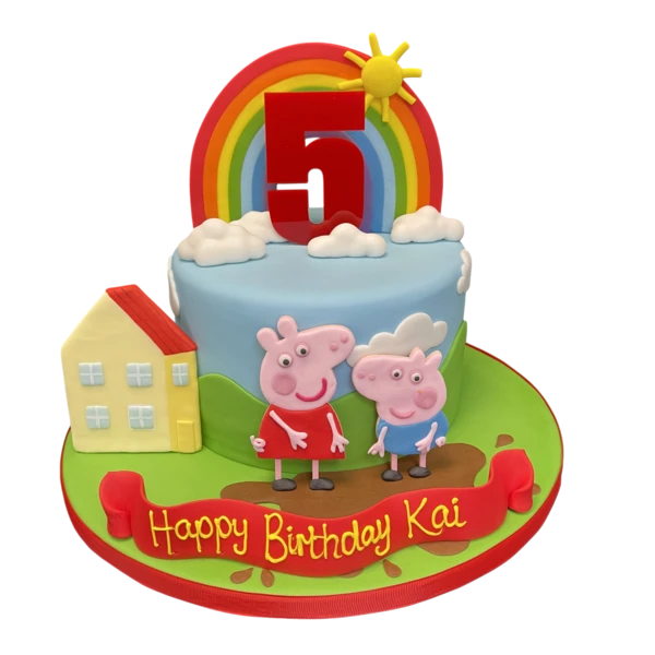 Bespoke Peppa Pig and George cake with rainbow decoration for celebration in Solihull, West Midlands.