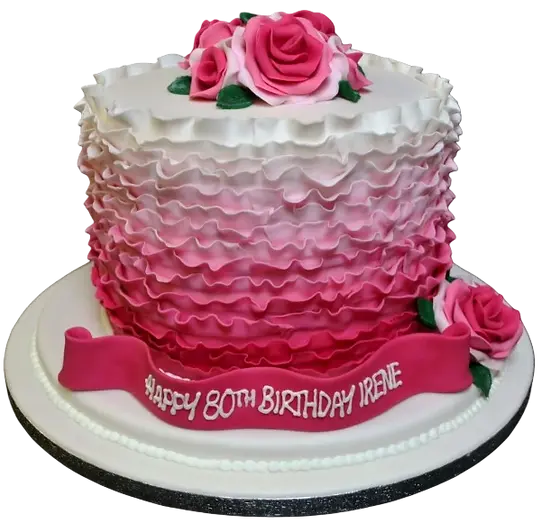 Bespoke deep ombre ruffle cake adorned with delicate roses, crafted for celebration in Solihull, West Midlands.
