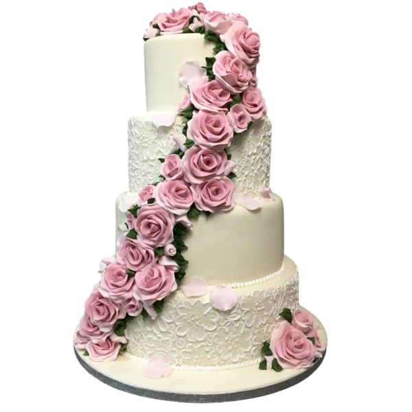 Four-tier wedding cake with pink sugar paste roses and intricate lace textures.
