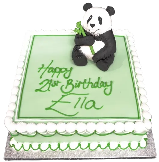 Bespoke square cake topped with a detailed panda figure, crafted for a celebration in Solihull, West Midlands.