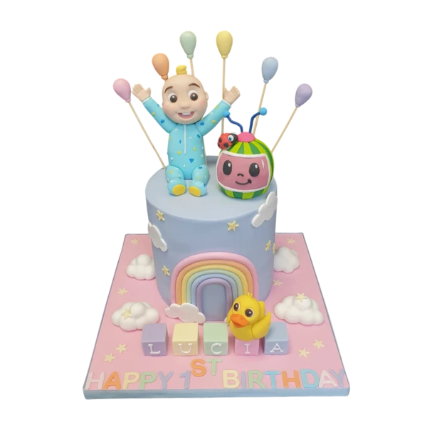 Bespoke Coco Melon cake with colorful character toppers and vibrant decorations, crafted in Solihull, West Midlands.