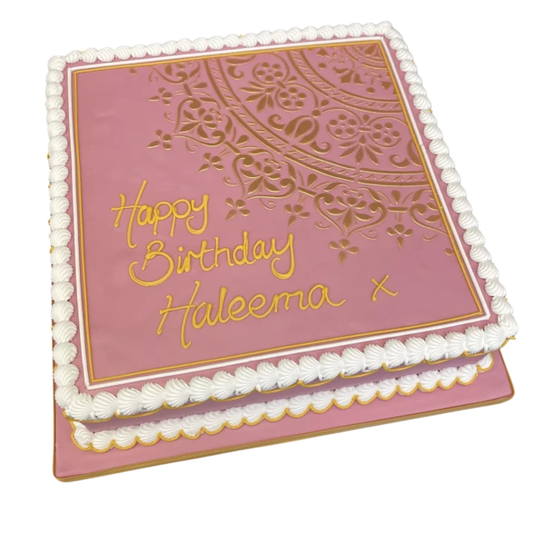 Bespoke celebration cake with intricate mandala pattern in vibrant colors, crafted in Solihull, West Midlands.