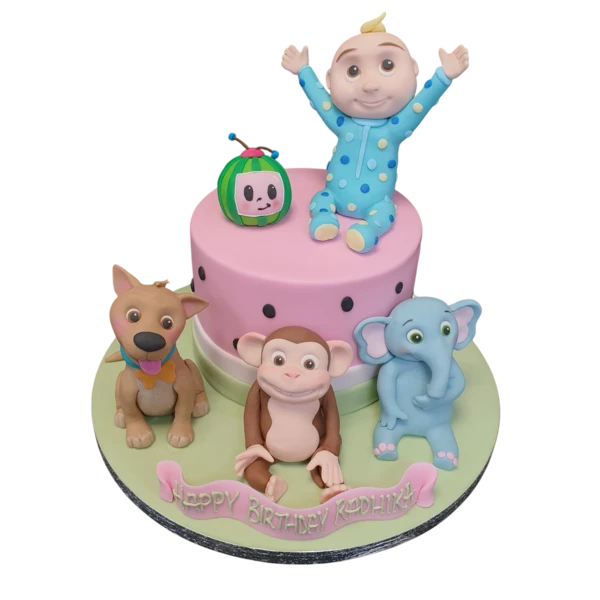 Bespoke Coco Melon-themed cake with vibrant colors and character toppers, perfect for celebration in Solihull, West Midlands.