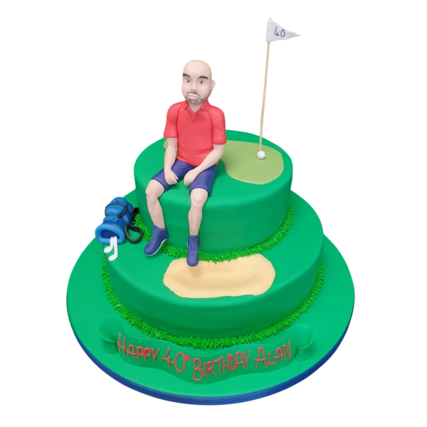 Bespoke celebration cake featuring two golfers in a bunker, crafted in Solihull, West Midlands.