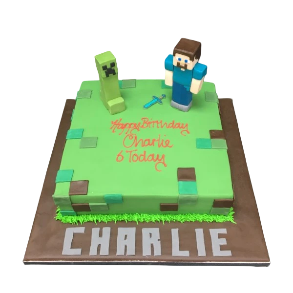 Bespoke Minecraft-themed cake with pixelated characters and blocks, crafted for a celebration in Solihull, West Midlands.