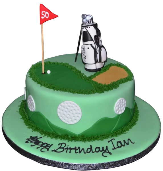Bespoke cake shaped like a golf bag with clubs, detailed stitching, and vibrant colors, made in Solihull, West Midlands.