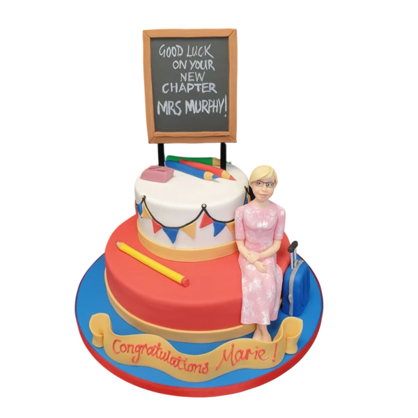 Bespoke Retirement Duo Teacher cake with fondant books and apple decorations in Solihull, West Midlands.