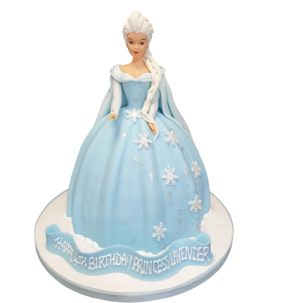 Beautiful Princess Elsa doll cake with intricate detailing and stunning decoration, perfect for a magical celebration or themed party.