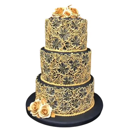 Bespoke Vienna cake with intricate floral piping and gold accents, perfect for celebration in Solihull, West Midlands.