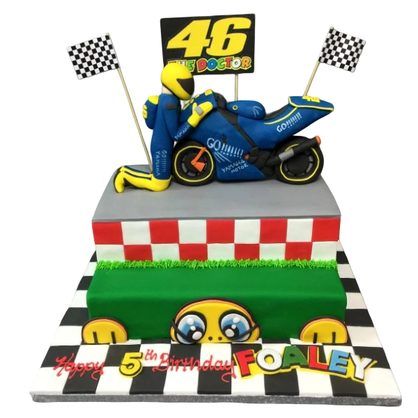 A creative Rossi motorbike themed celebration cake for motorcycle fans, featuring detailed design elements and decorations. A perfect addition to any special occasion.