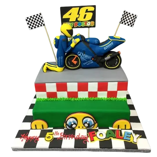 Bespoke Rossi motorbike cake with detailed edible bike design for celebration in Solihull, West Midlands.