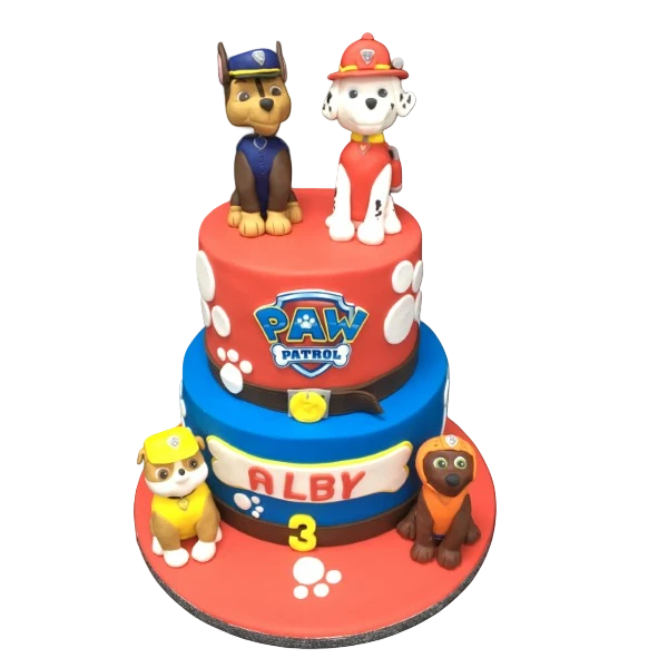 Bespoke Paw Patrol celebration cake with colorful fondant characters, crafted in Solihull, West Midlands.