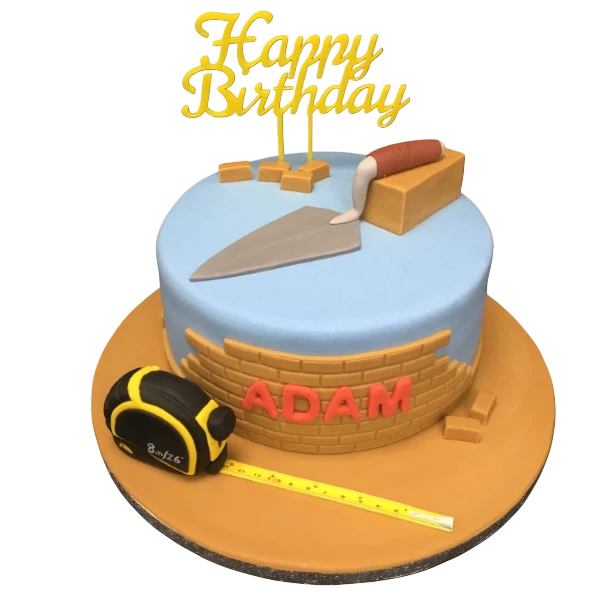 Bespoke cake shaped like bricklayer’s tools with realistic textures, crafted for celebration in Solihull, West Midlands.