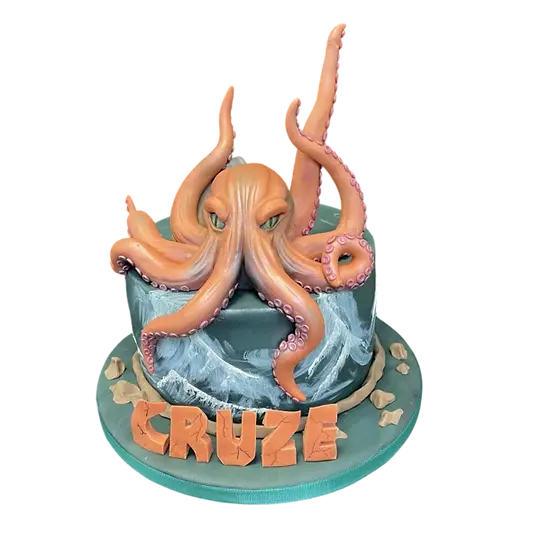 Bespoke Kraken Octopus sea monster cake with detailed tentacles and ocean waves, Solihull, West Midlands.