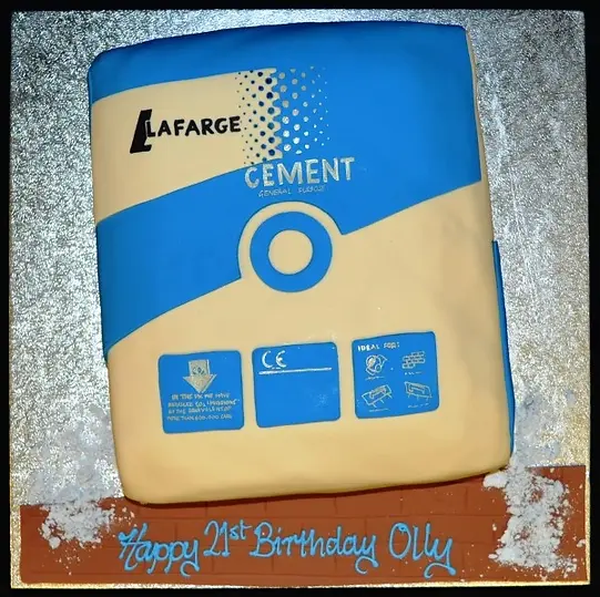 Bespoke cake shaped like a cement bag with detailed branding, perfect for celebration in Solihull, West Midlands.