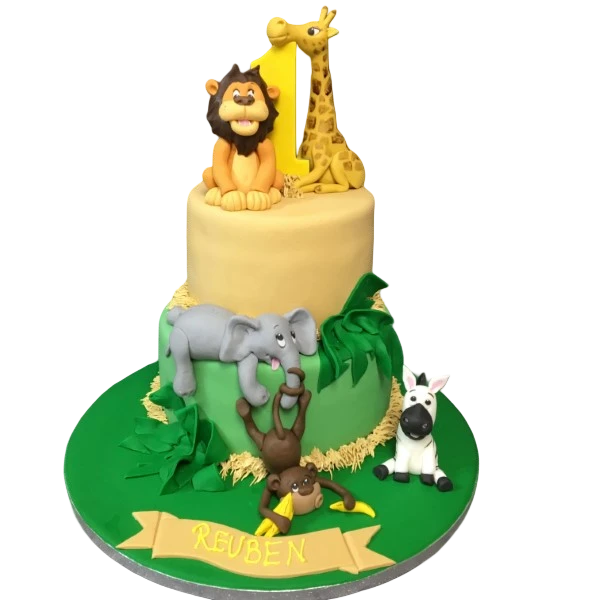 Bespoke Safari Animal Duo cake with detailed lion and elephant figures, crafted for celebration in Solihull, West Midlands.