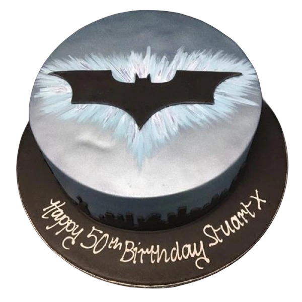 A stunning Batman logo cake with intricate detailing and bold colours, perfect for any superhero fan's celebration.