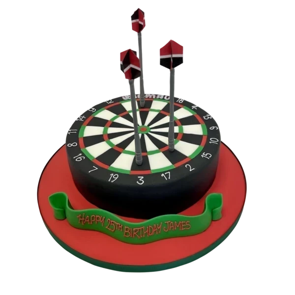 A visually striking cake designed to look like a dartboard, featuring intricate details and vibrant colors, perfect for sports or game-themed events.
