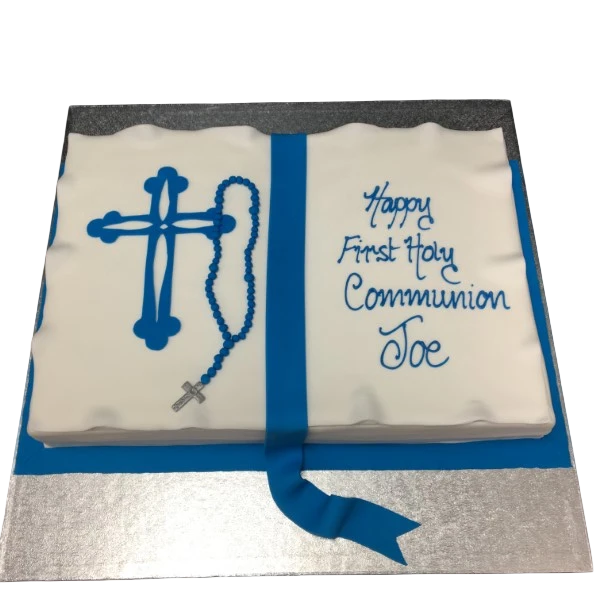 Bespoke communion book cake with intricate icing details, crafted for celebration in Solihull, West Midlands.