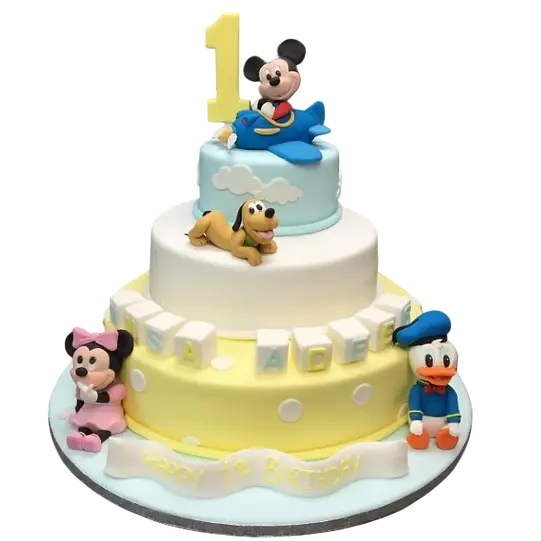 Bespoke Baby Mickey and Co celebration cake with colorful fondant figures, crafted in Solihull, West Midlands.