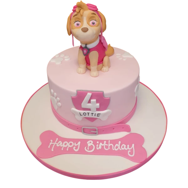 Bespoke Skye Paw Patrol dog cake with pink and purple details, perfect for celebration in Solihull, West Midlands.