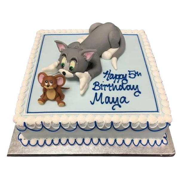 A cute and colourful Tom and Jerry themed celebration cake with intricate detailing and vibrant decorations. Perfect for fans of the classic cartoon duo.