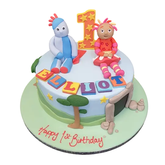 Bespoke Iggle Piggle and Upsy Daisy cake with colorful fondant figures in Solihull, West Midlands celebration.
