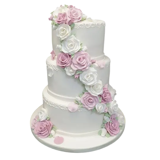 Bespoke three-tier celebration cake with pastel floral decorations, intricate piping, in Solihull, West Midlands.