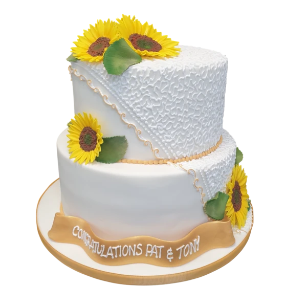 Two-tier white wedding cake with textured sugar paste and vibrant sunflowers.