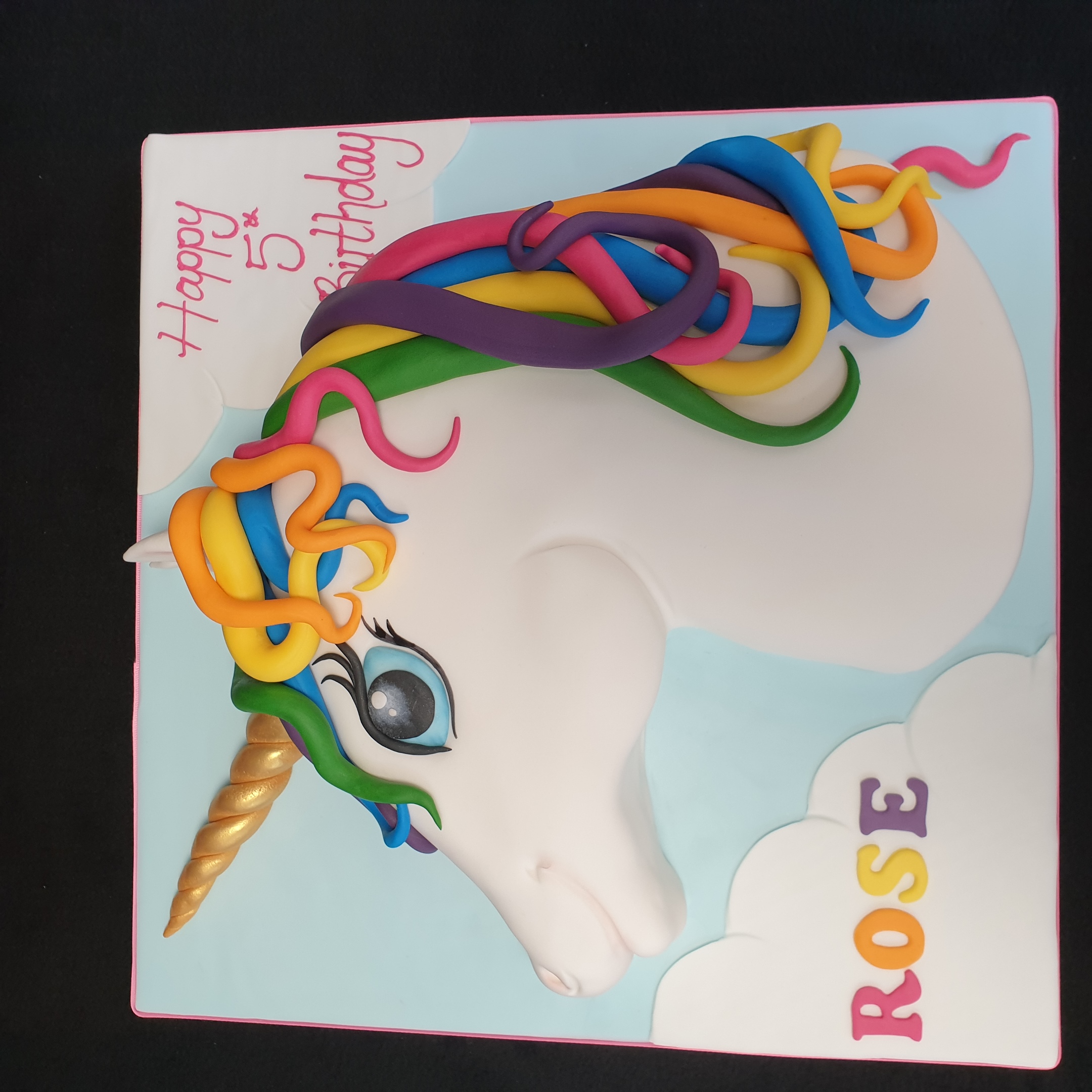A whimsical unicorn head shaped cake with pastel-colored swirls, fondant ears, and a sparkly horn, perfect for a magical celebration.