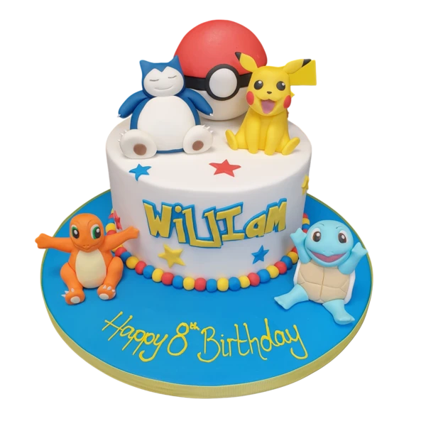 Bespoke Pokemon-themed cake with colorful character toppers, crafted for a celebration in Solihull, West Midlands.