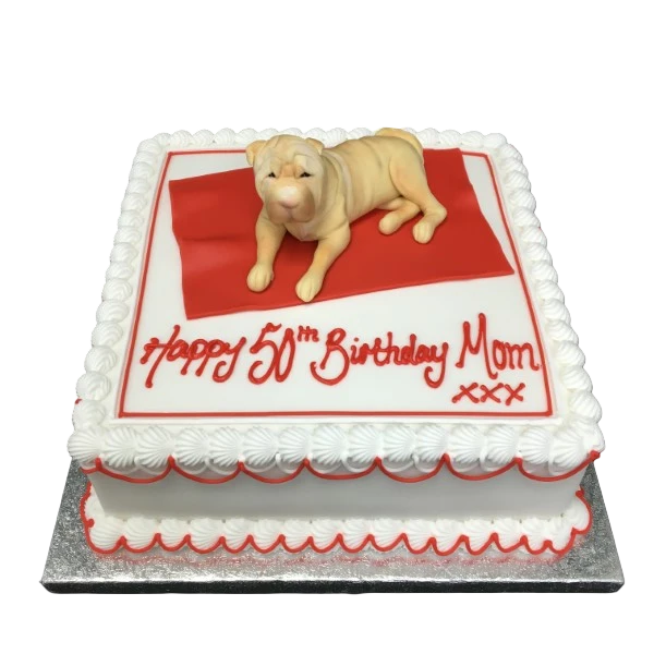 Bespoke dog-shaped cake with detailed fur texture and expressive eyes, crafted for celebration in Solihull, West Midlands.