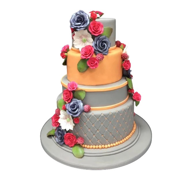 Four-tier wedding cake with sugar paste flowers in grey and gold tones.