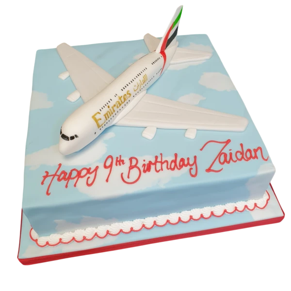 Bespoke Emirates A380 cake with detailed aircraft design, perfect for celebration in Solihull, West Midlands.