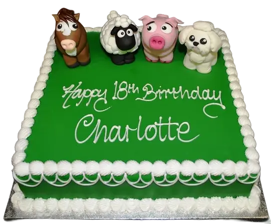 Bespoke cake with colorful fondant farm animals and barn details for a celebration in Solihull, West Midlands.
