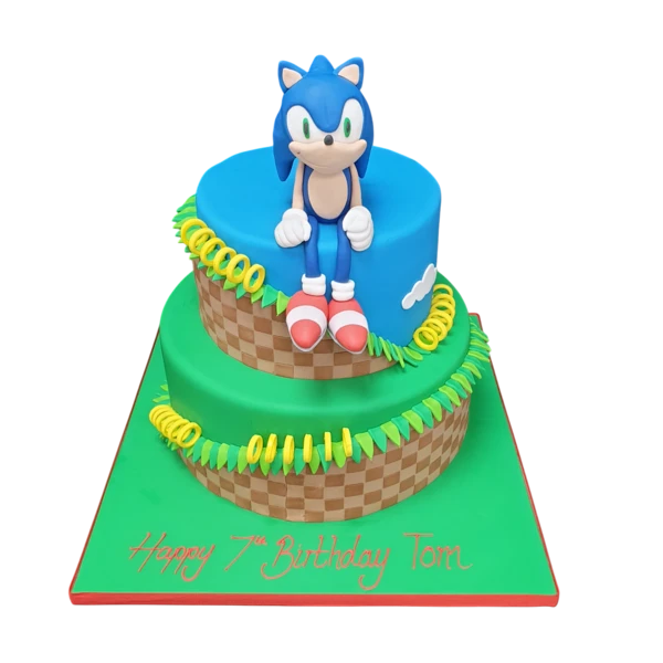 Bespoke Sonic the Hedgehog cake with vibrant blue icing and detailed character design in Solihull, West Midlands.