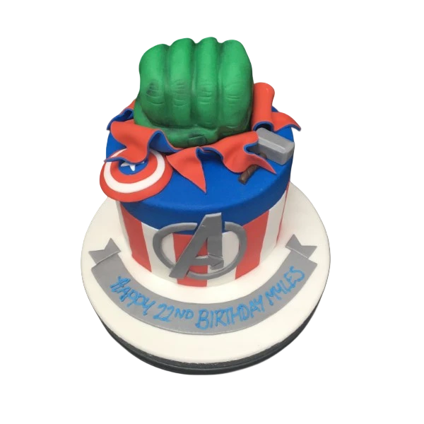 Bespoke Avengers Hulk fist cake with vibrant green and purple details, crafted for celebration in Solihull, West Midlands.