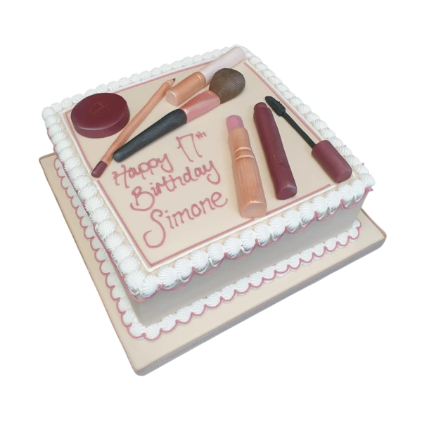A visually stunning makeup-themed cake inspired by Charlotte Tilbury, featuring intricate design details and vibrant colors. Perfect for beauty enthusiasts.