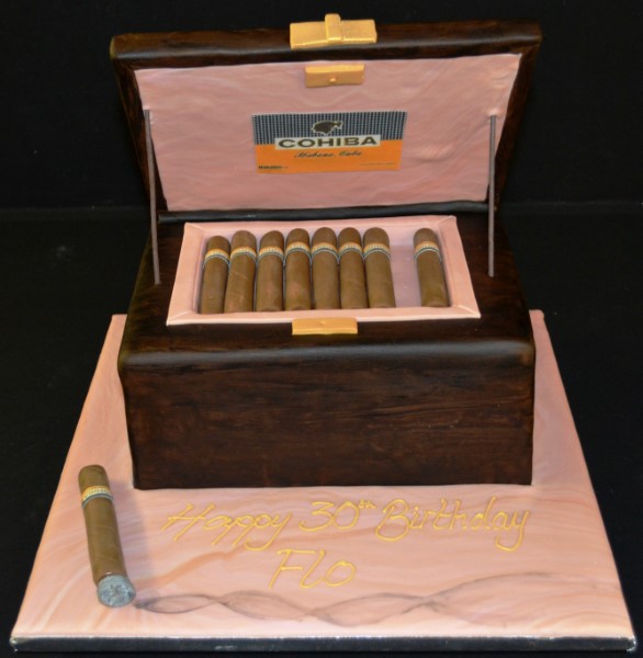 Bespoke cigar box cake with realistic wood grain and edible cigar details, crafted in Solihull, West Midlands.