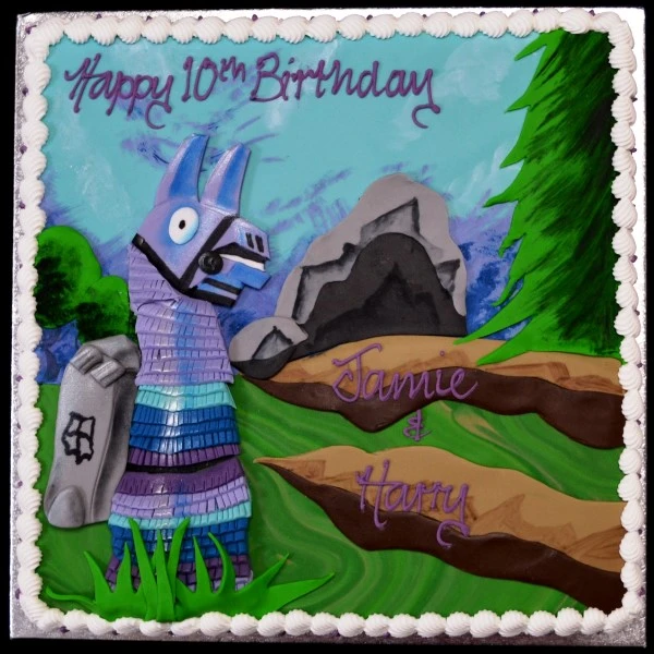 Bespoke Fortnite llama cake with colorful fondant details, perfect for celebration in Solihull, West Midlands.