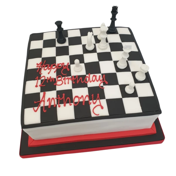 Chess-themed cake with a winning gambit strategy, featuring intricate designs and details perfect for any chess lover or enthusiast in the UK.